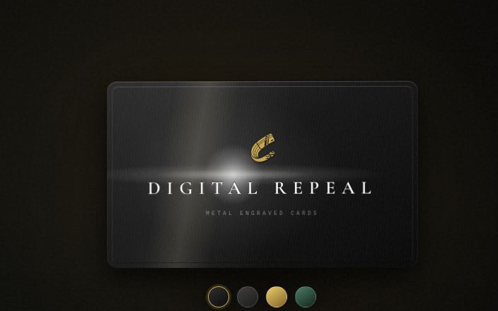 Screenshot of the Digital Repeal card shop: a black metal business card catching the light, above four finish swatches.