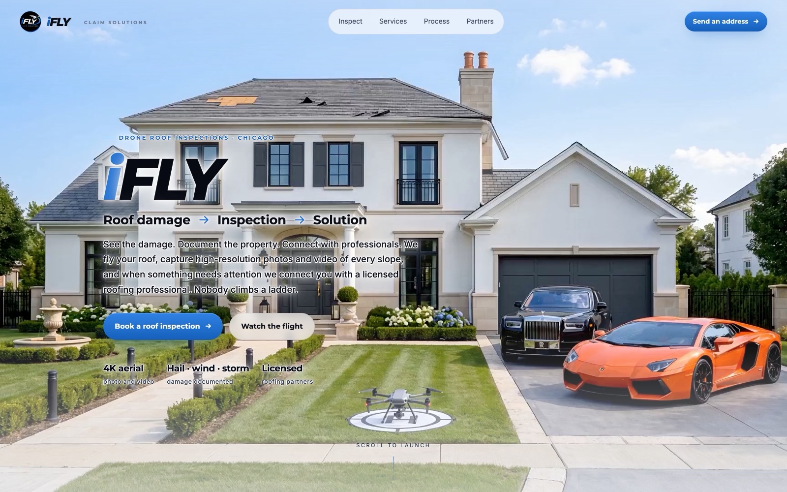 Screenshot of the iFly website: a house with a drone on its landing pad in front, where the scroll flight starts.