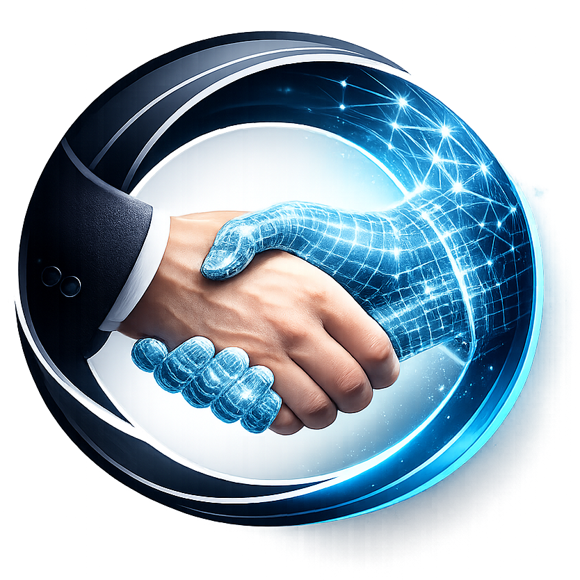 The Helptyfy mark: a human hand shaking a glowing digital hand.