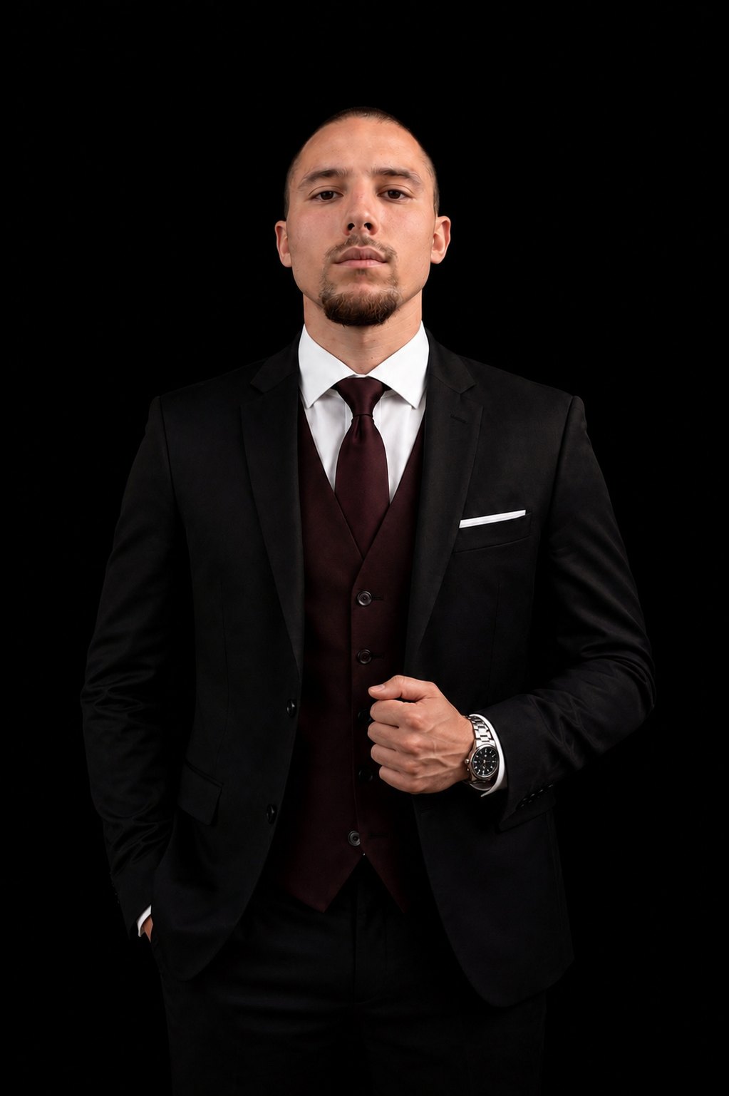 Nikola Yanev in a black suit with a burgundy waistcoat and tie, photographed against a black background.