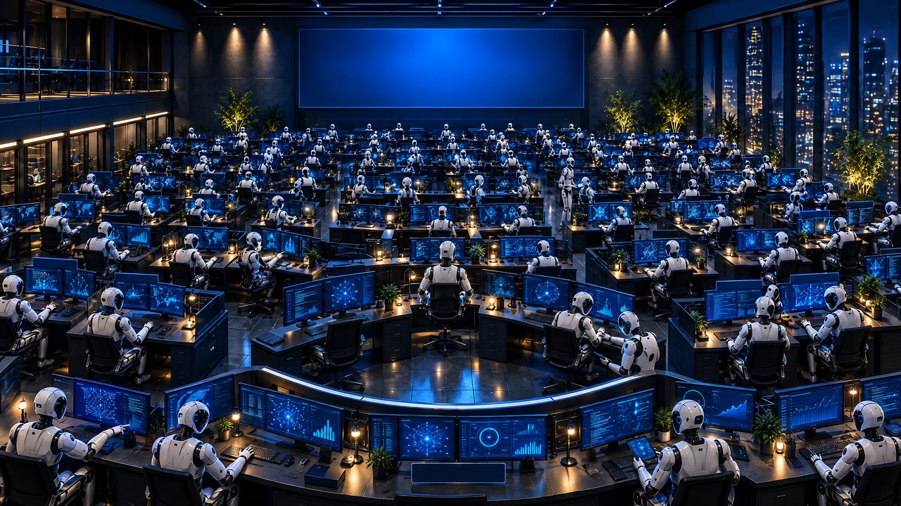 An operations floor of about one hundred white AI robots at computers with blue screens, passing work to each other in speech bubbles: answering the phone, booking appointments, checking email, building websites, sending invoices.